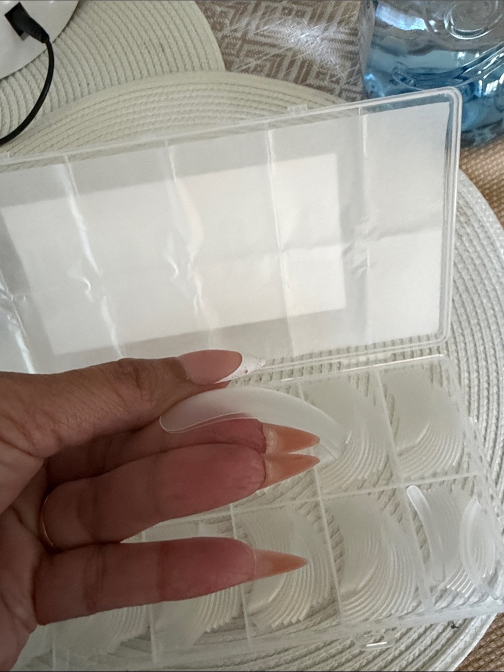 Long full cover nail extensions. Curved